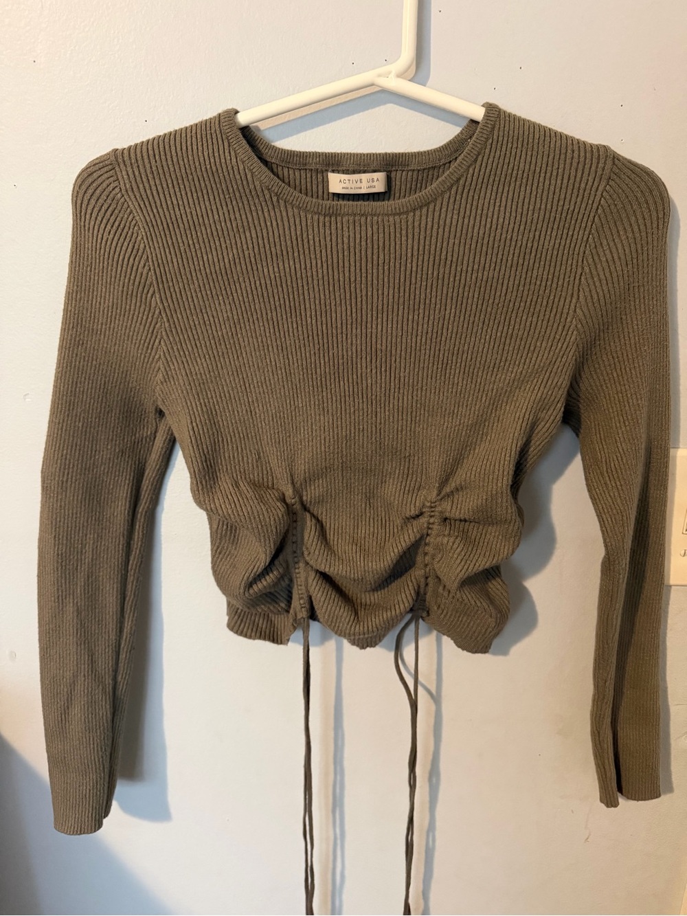 Active USA Olive Ribbed Drawstring Cropped Long-Sleeve Top